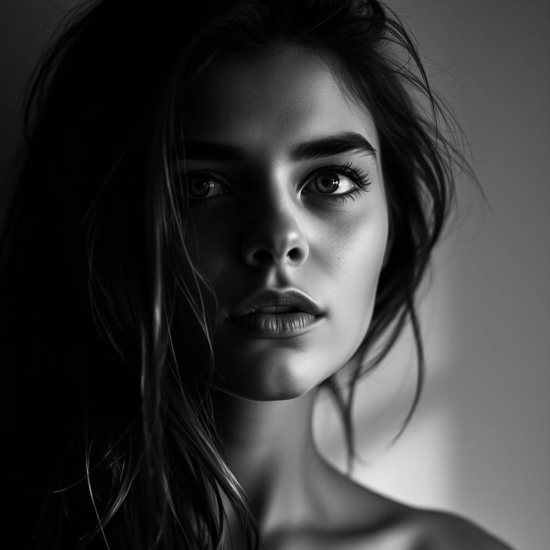 Ein ausdrucksstarkes Schwarz-Weiß-Portrait einer jungen Frau mit verträumtem Blick.
