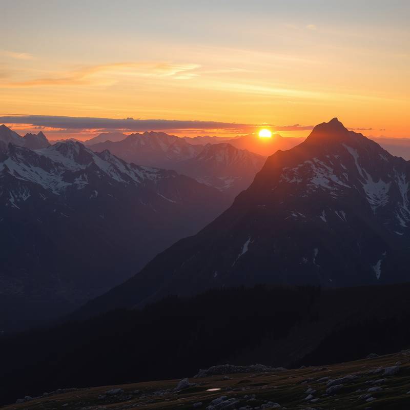 Eine atemberaubende Landschaftsaufnahme der Alpen bei Sonnenuntergang mit goldenem Licht.