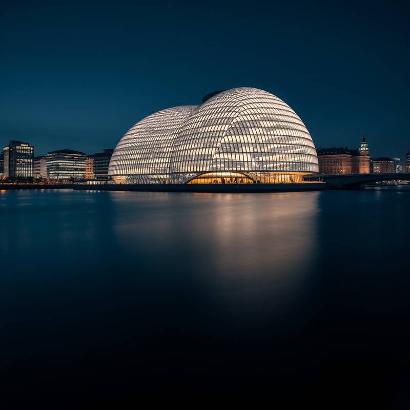 Eine beeindruckende Aufnahme der Elbphilharmonie in Hamburg bei Nacht mit Spiegelung im Wasser.
