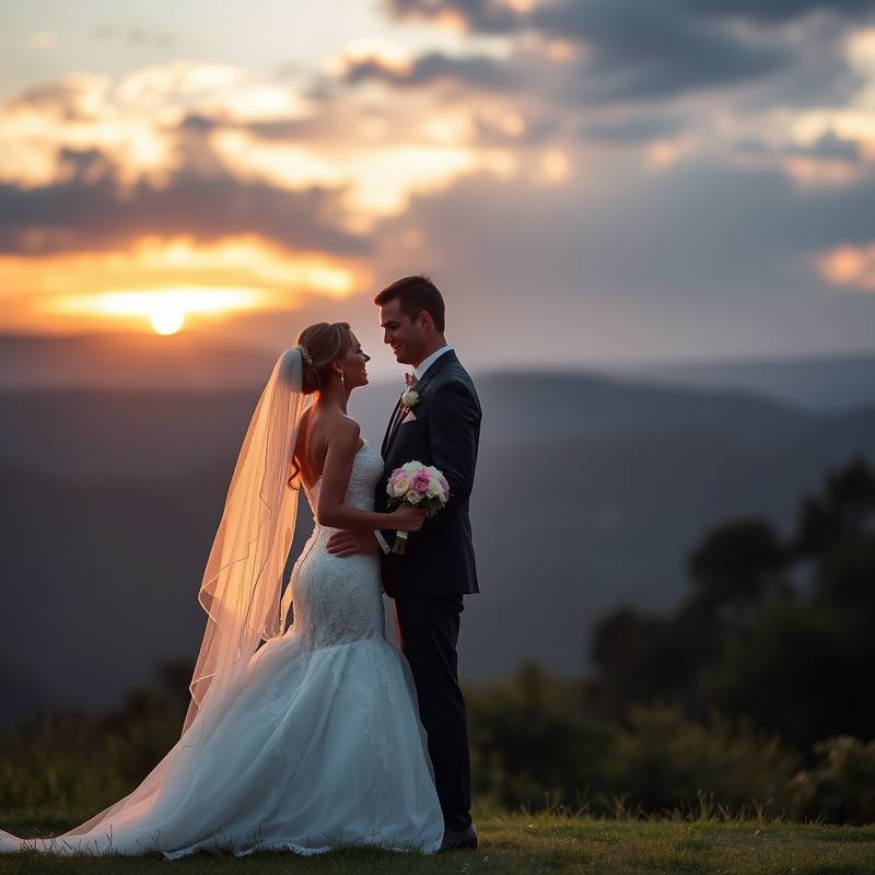 Fotografie einer Hochzeit mit Brautpaar vor romantischer Kulisse.