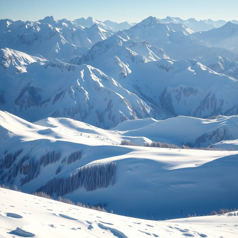 Panoramaaufnahme einer verschneiten Berglandschaft.
